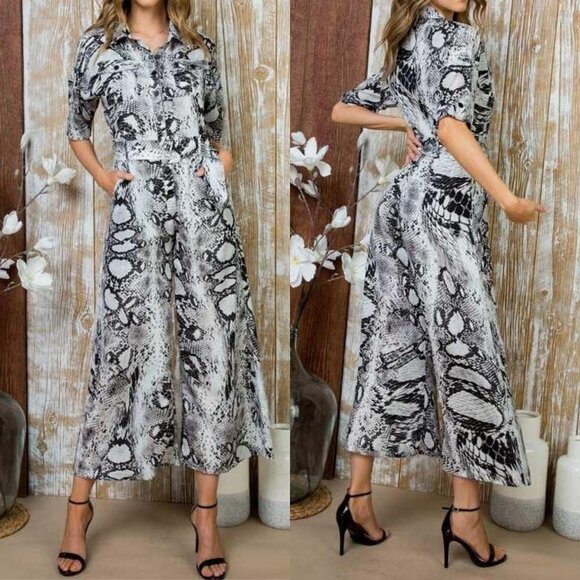 Main Strip Pants - Snake Print Belted Wide Leg Jumpsuit